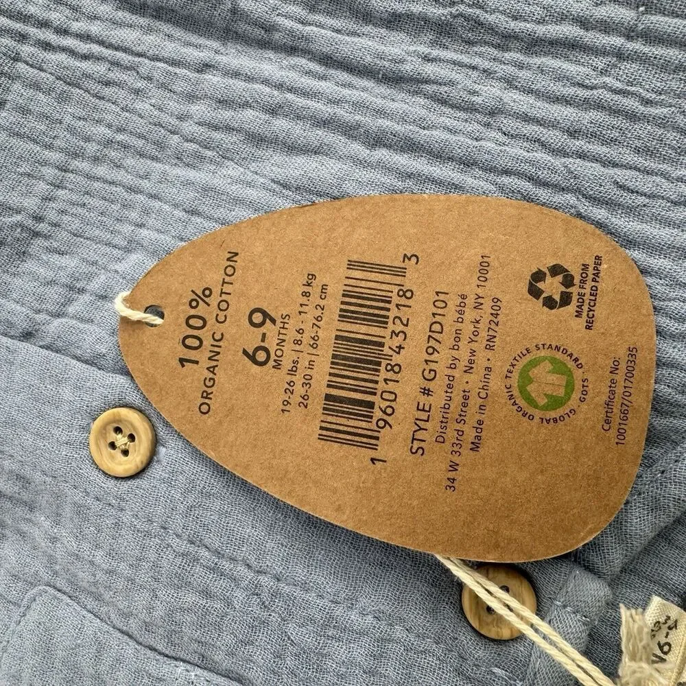 Rabbit+Bear Organic Cotton Infant 6-9 mo Outfit Hat One Piece Gauze Blue Short